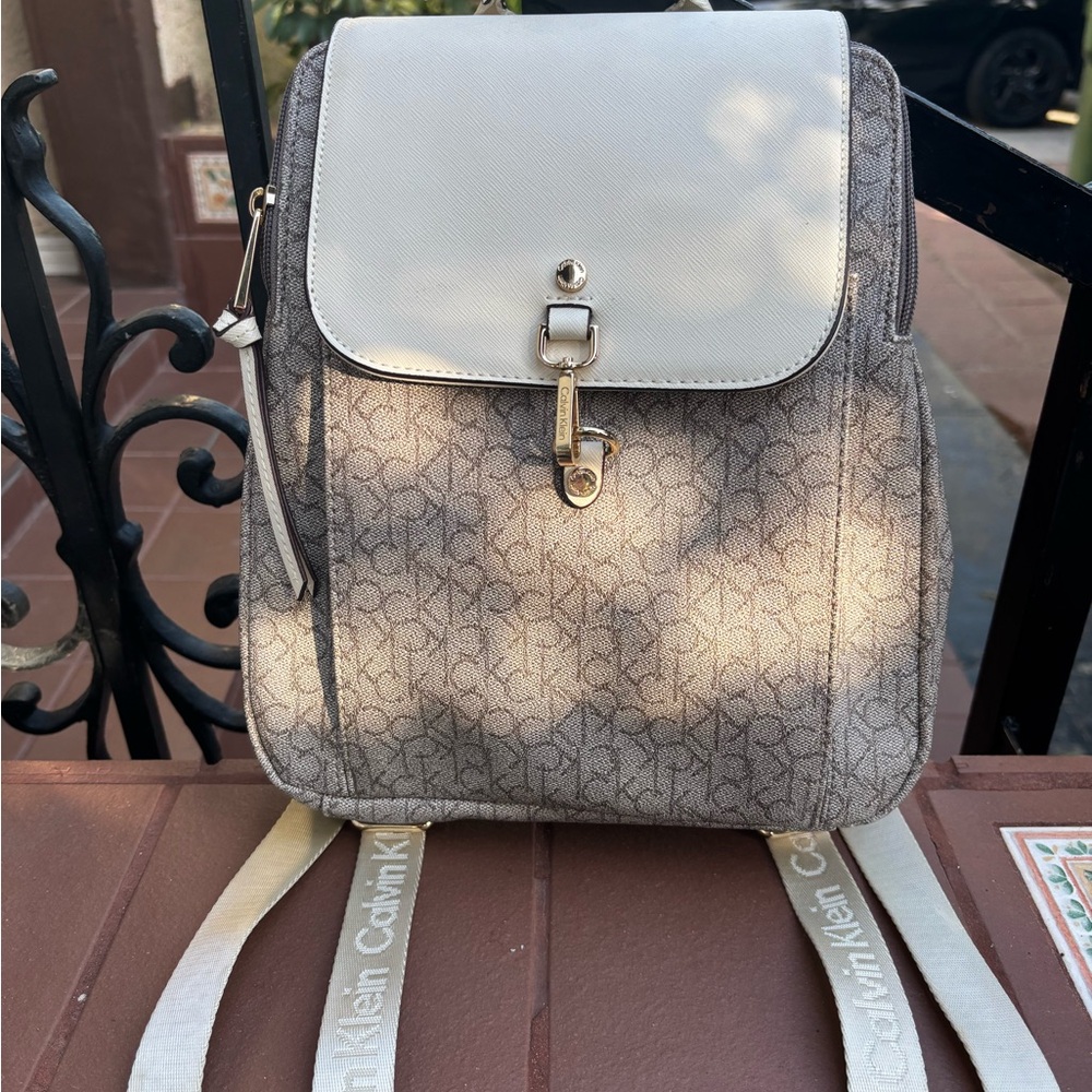 Calvin Klein Monogram Backpack in Gray and Cream